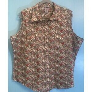 Wrangler Woman’s Top Ranch Wear Floral Pearl Snap Sleeveless Shirt Blouse 3xl